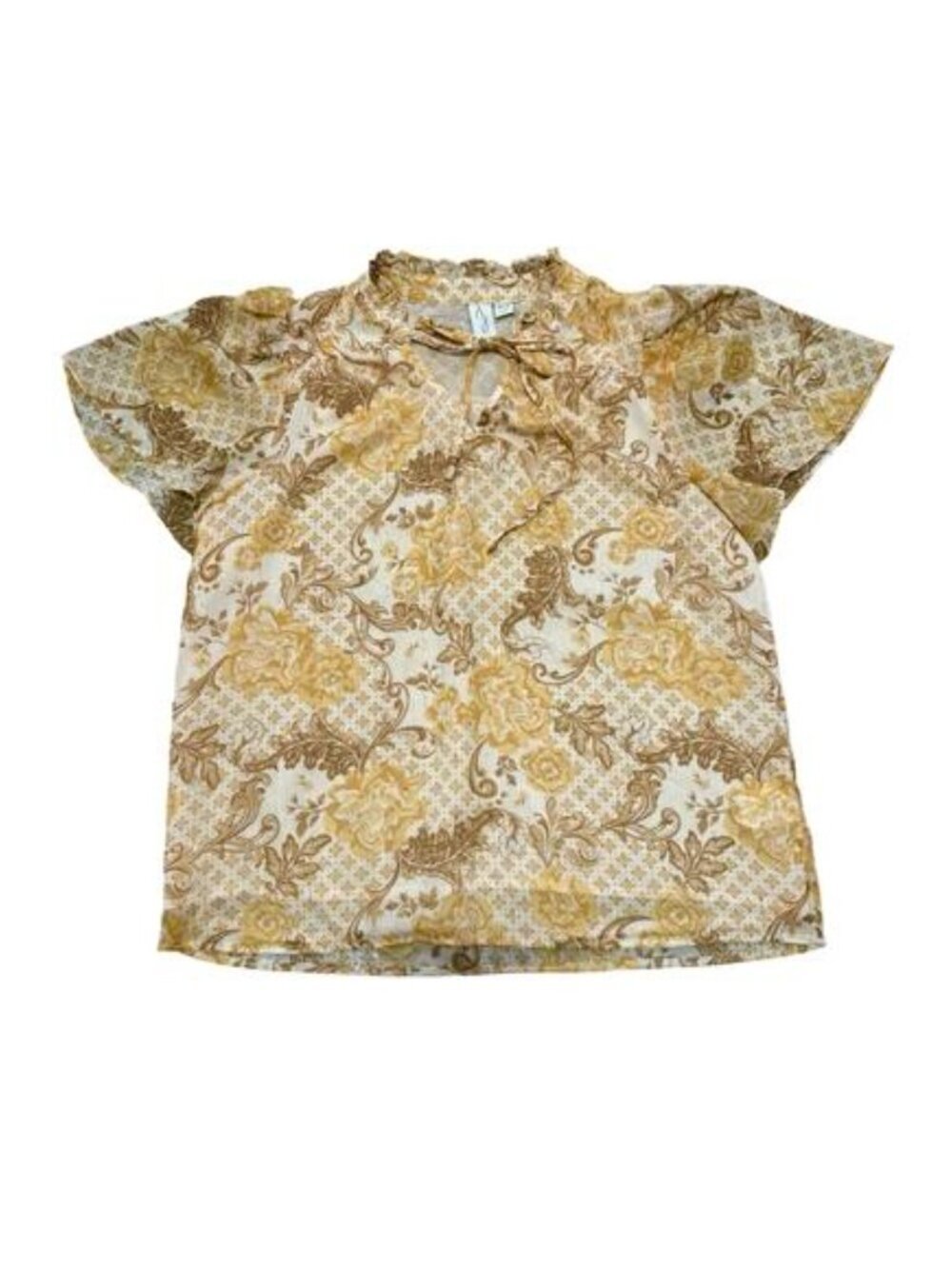 Summer Sale ☀️Joie Yellow Floral Metallic Ruffle Tie Neck Blouse Shimmer Size XS